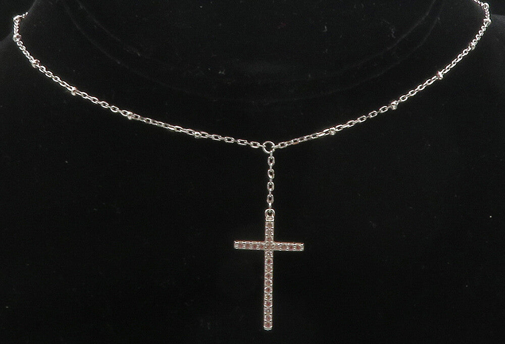 925 Sterling Silver  Shiny White Topaz Religious Cross Chain Necklace  NE2048