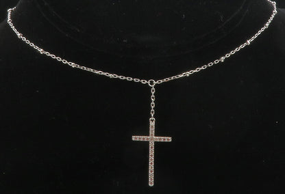 925 Sterling Silver  Shiny White Topaz Religious Cross Chain Necklace  NE2048