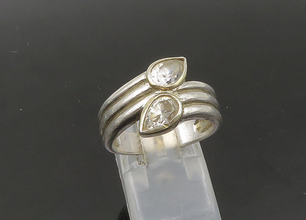 925 Silver  Vintage Tear Drop Cubic Zirconia Bypass Band Ring Sz 7.5  RG22196
