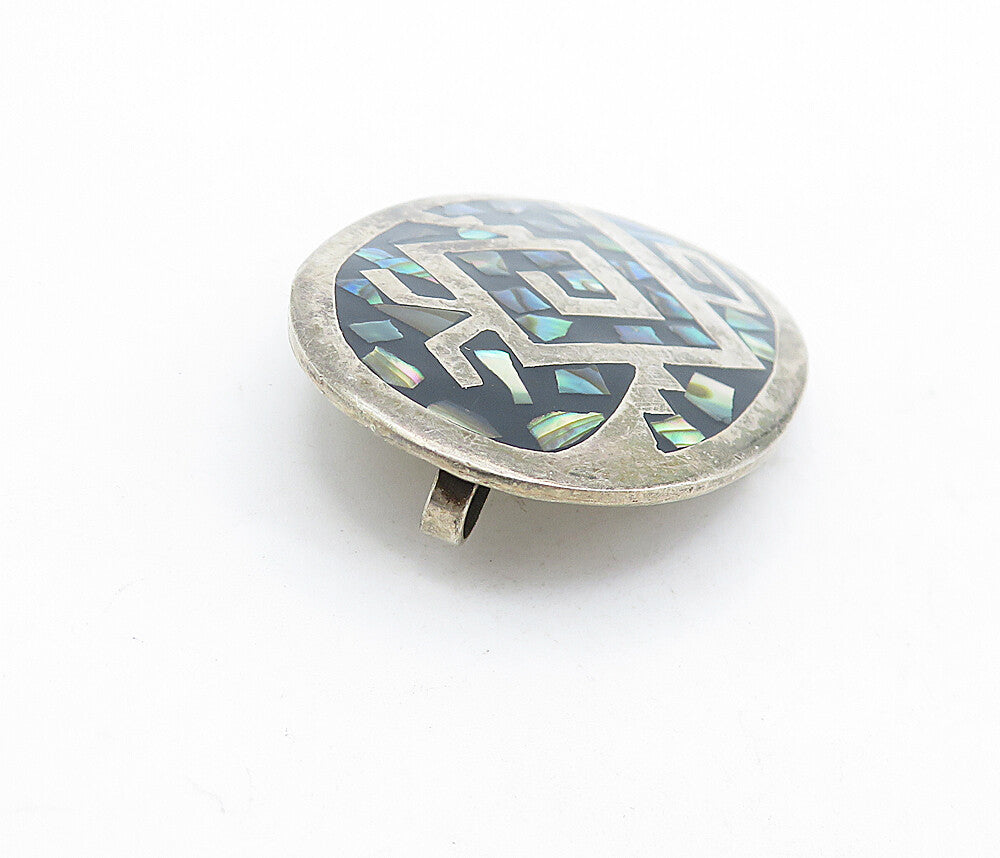 MEXICO 925 Sterling Silver  Vintage Abalone Shell Mosaic Brooch Pin  BP1795