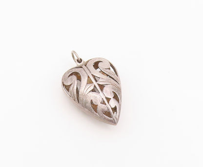 925 Sterling Silver Vintage Pendant Antique Swirls Cutout Puffed Heart  PT24331