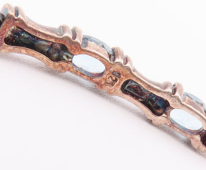 925 Sterling Silver Vintage Bracelet Carved Hinge Oval Blue Topaz Bangle BT10372