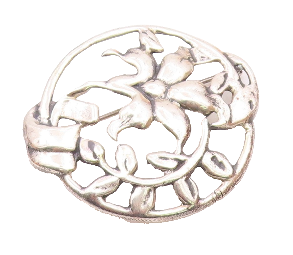 925 Sterling Silver  Vintage Shiny Round Floral Vine Motif Brooch Pin  BP5713