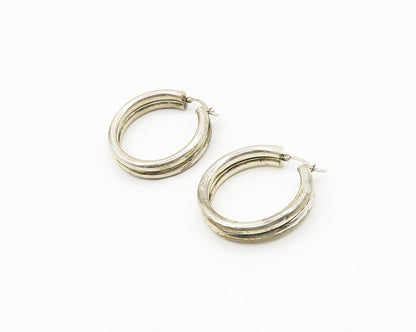925 Sterling Silver Vintage Shiny Smooth Ribbed Round Hoop Earrings  EG9319