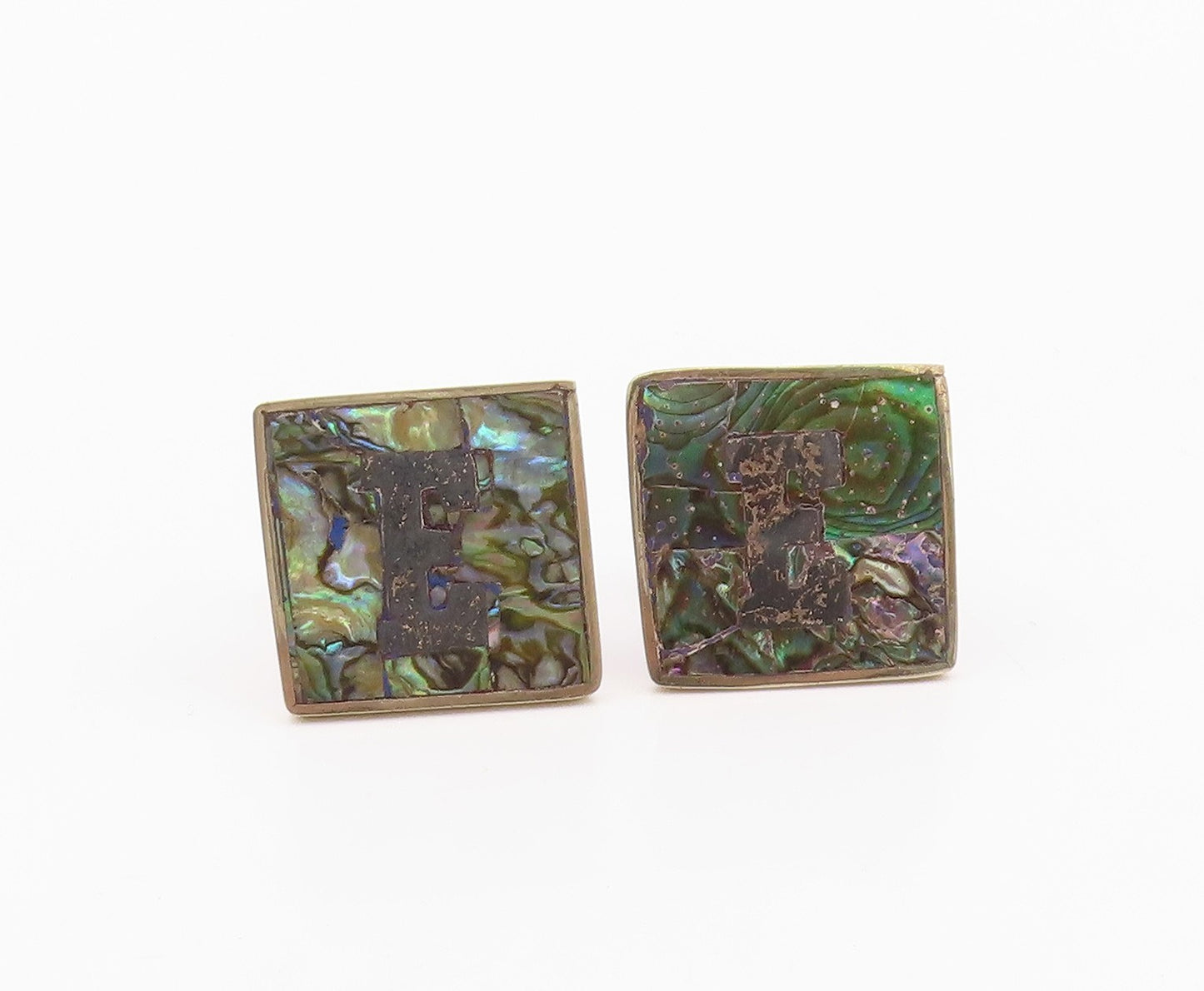 MEXICO 925 Silver  Vintage Inlaid Abalone Initial E Square Cufflinks  TR3370