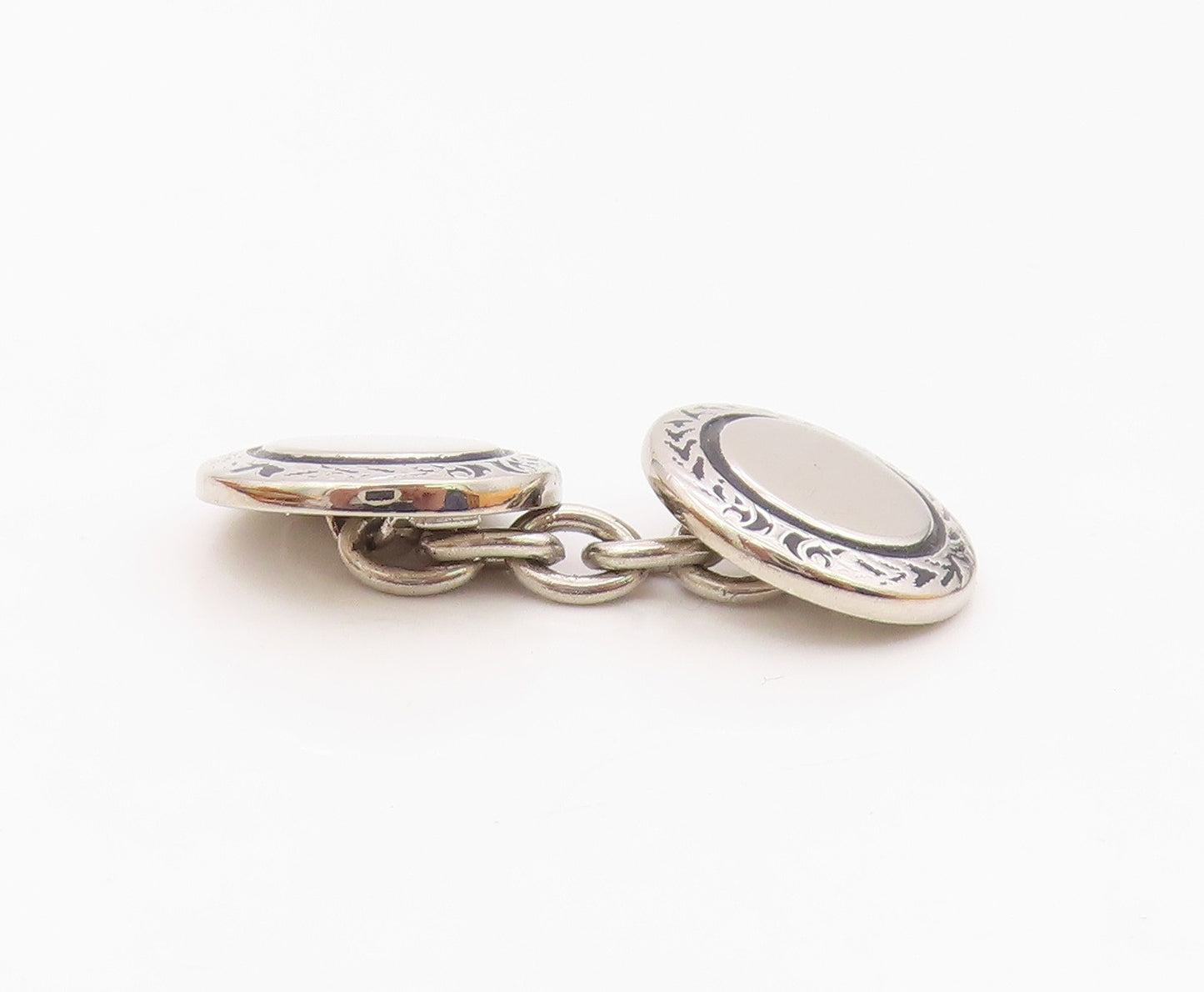 925 Sterling Silver  Vintage Shiny Etched Border Round Cuff Links  TR2102