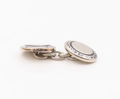925 Sterling Silver  Vintage Shiny Etched Border Round Cuff Links  TR2102