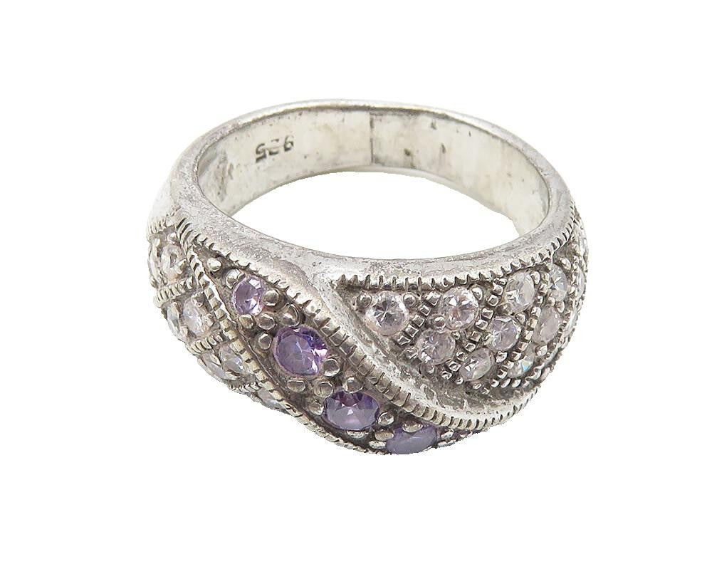 925 Sterling Silver  Vintage Purple & White Cubic Zirconia Ring Sz 6  RG10669