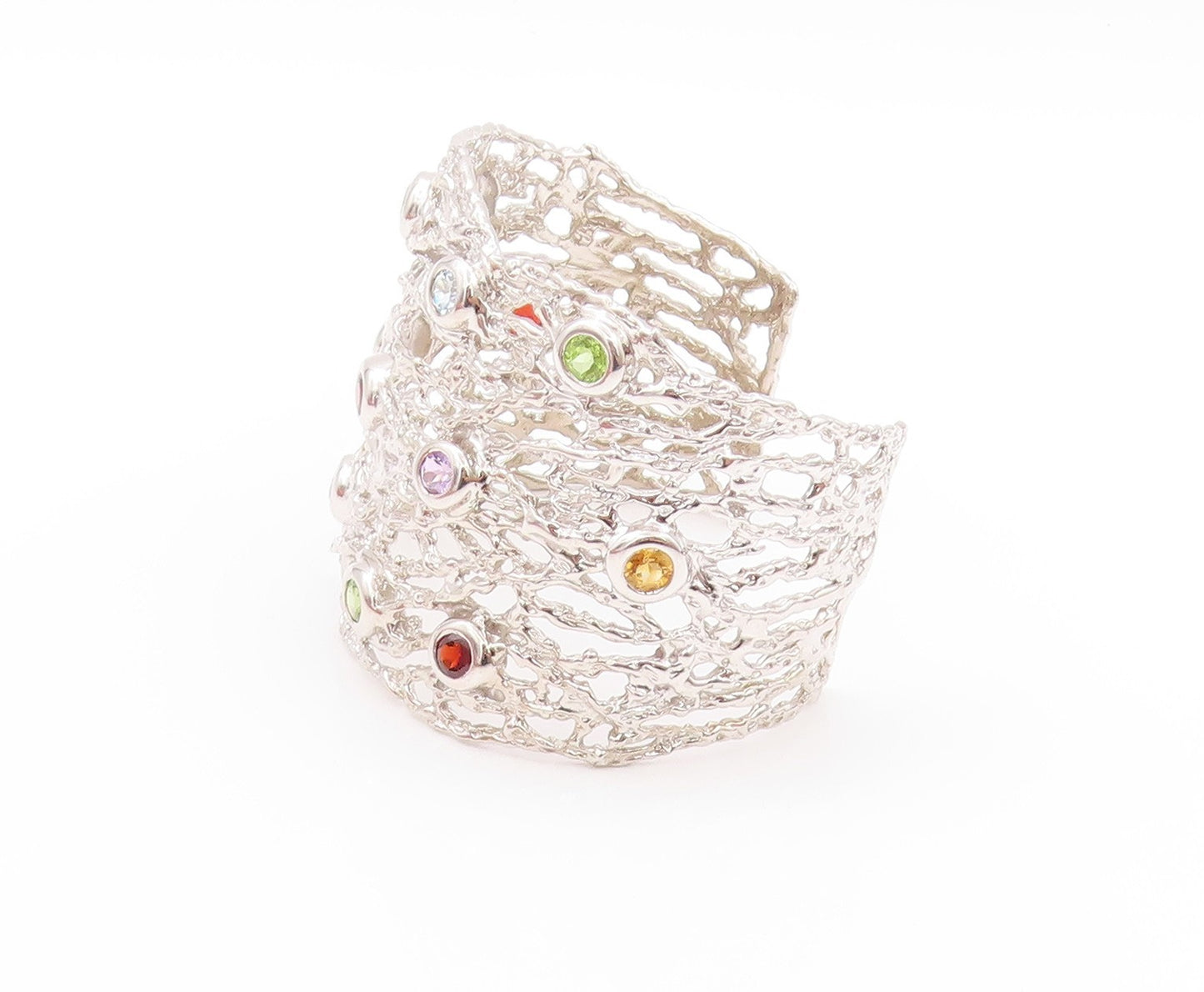 925 Sterling Silver Vintage Bracelet Brutalist Cut Gemstone Broad Cuff  BT11230
