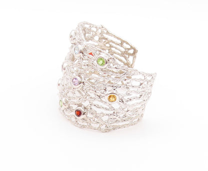 925 Sterling Silver Vintage Bracelet Brutalist Cut Gemstone Broad Cuff  BT11230