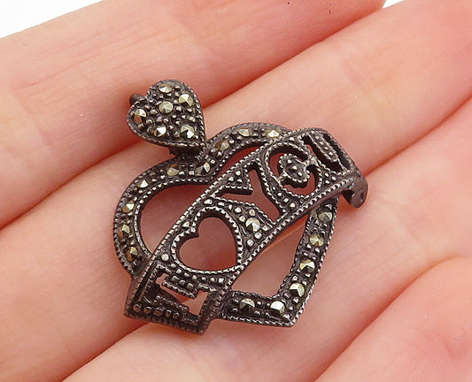 925 Sterling Silver  Vintage Marcasite I Love You Open Heart Pendant  PT5670
