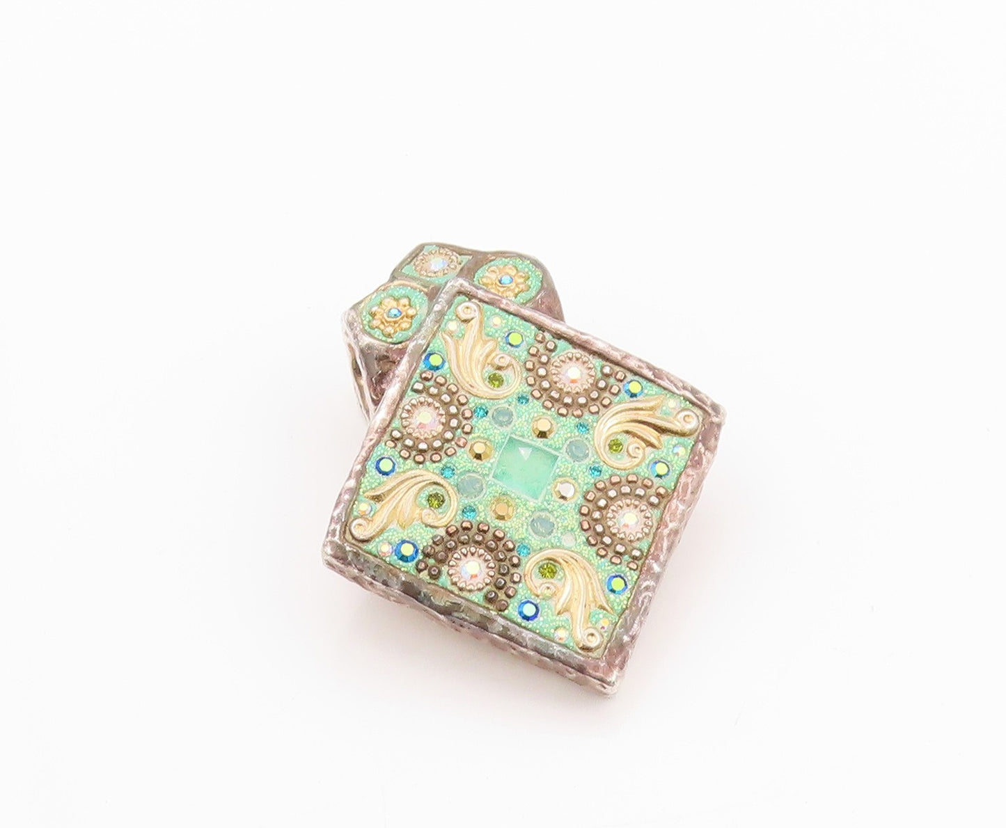 925 Sterling Silver Vintage Pendant Designer Enameled Rhinestones Inlay  PT24008