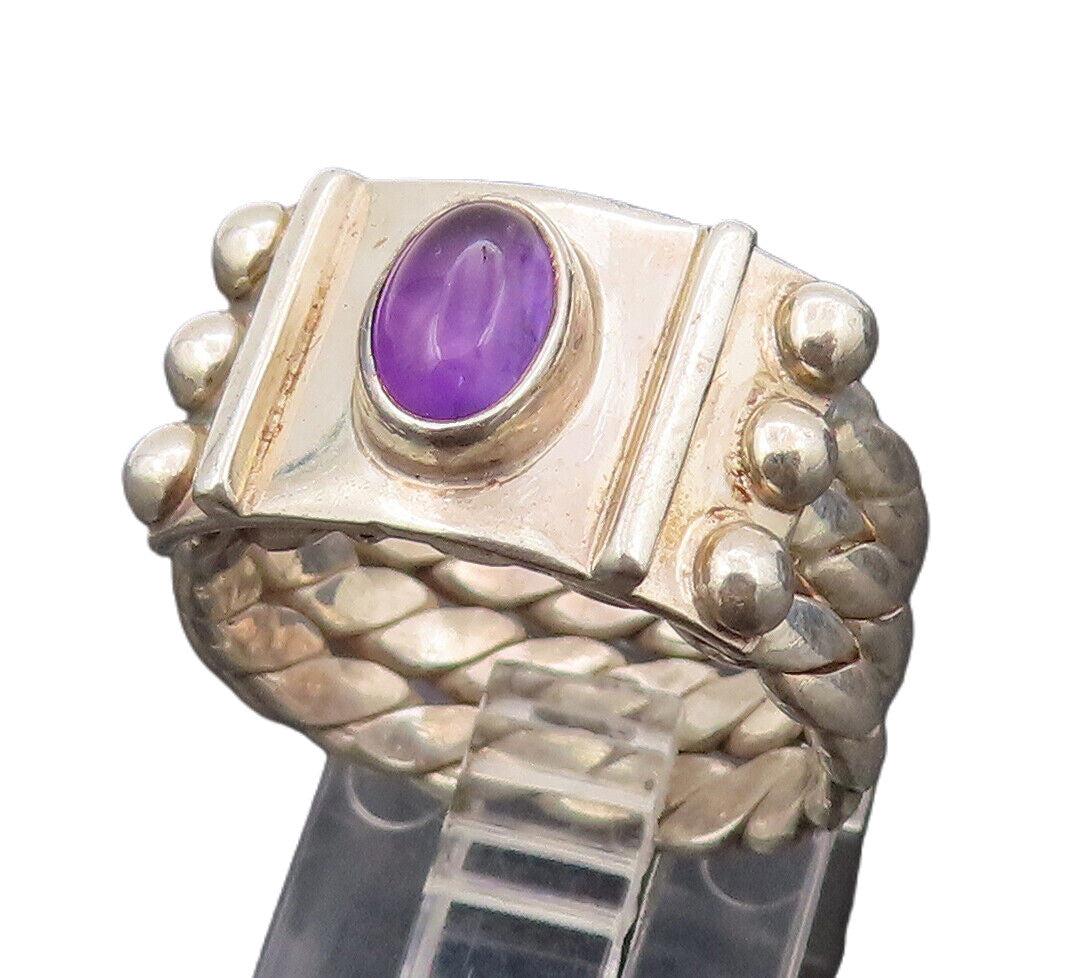 925 Silver  Vintage 3 Twisted Rope Band Cabochon Amethyst Ring Sz 7  RG26671
