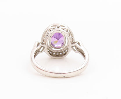 925 Sterling Silver Vintage Ring Elegant Amethyst Halo CZ Band  Sz 6  RG35826