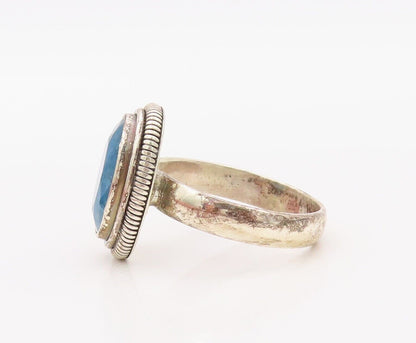 925 Sterling Silver Vintage Ring Oval Blue Gemstone Rope Carved  Sz 9.5  RG30289