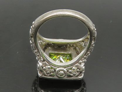 925 Silver  Vintage Green Cubic Zirconia Beaded Square Ring Sz 7  RG24386