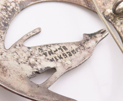 925 Sterling Silver Vintage Brooch MEXICO Etched Moon & Howling Wolf Pin BP11966
