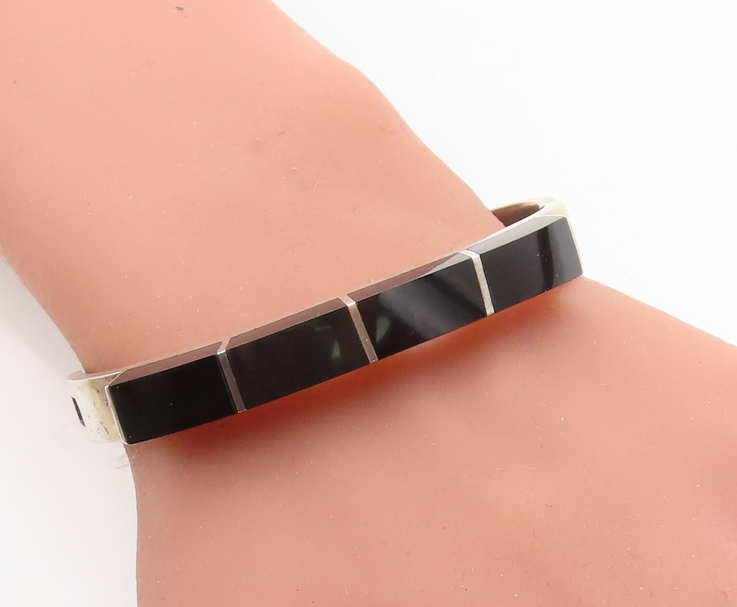 MEXICO 925 Sterling Silver Vintage Black Onyx Hinge Bangle Bracelet BT1939