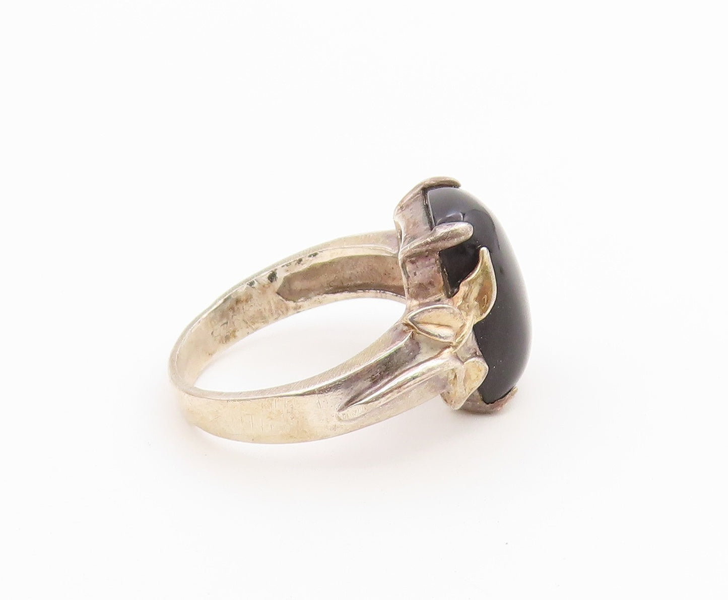 925 Sterling Silver Vintage Ring Black Onyx Botanical Leaf Band  Sz 8.5  RG36760