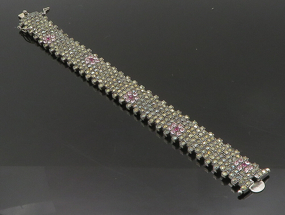 925 Sterling Silver  Topaz & Marcasite Floral Tennis Bracelet  BT1014