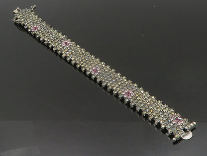 925 Sterling Silver  Topaz & Marcasite Floral Tennis Bracelet  BT1014