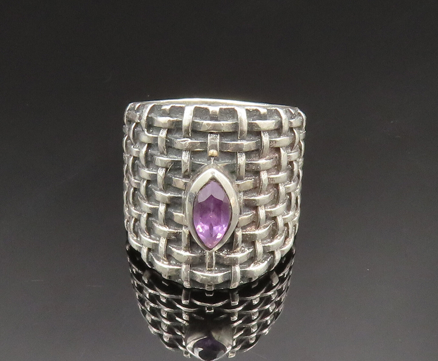 DESIGNER 925 Silver  Vintage Amethyst Basket Weave Wide Band Ring Sz 7 RG25022