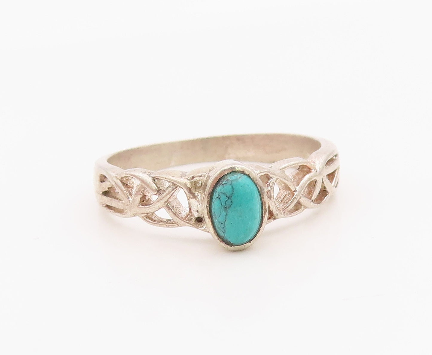 925 Sterling Silver Vintage Ring Oval Turquoise Celtic Knot Band  Sz 10  RG36289