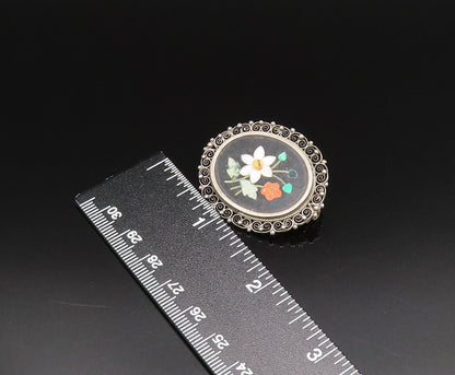 925 Sterling Silver  Vintage Spiral Twist Edge Floral Mosaic Brooch Pin BP9693