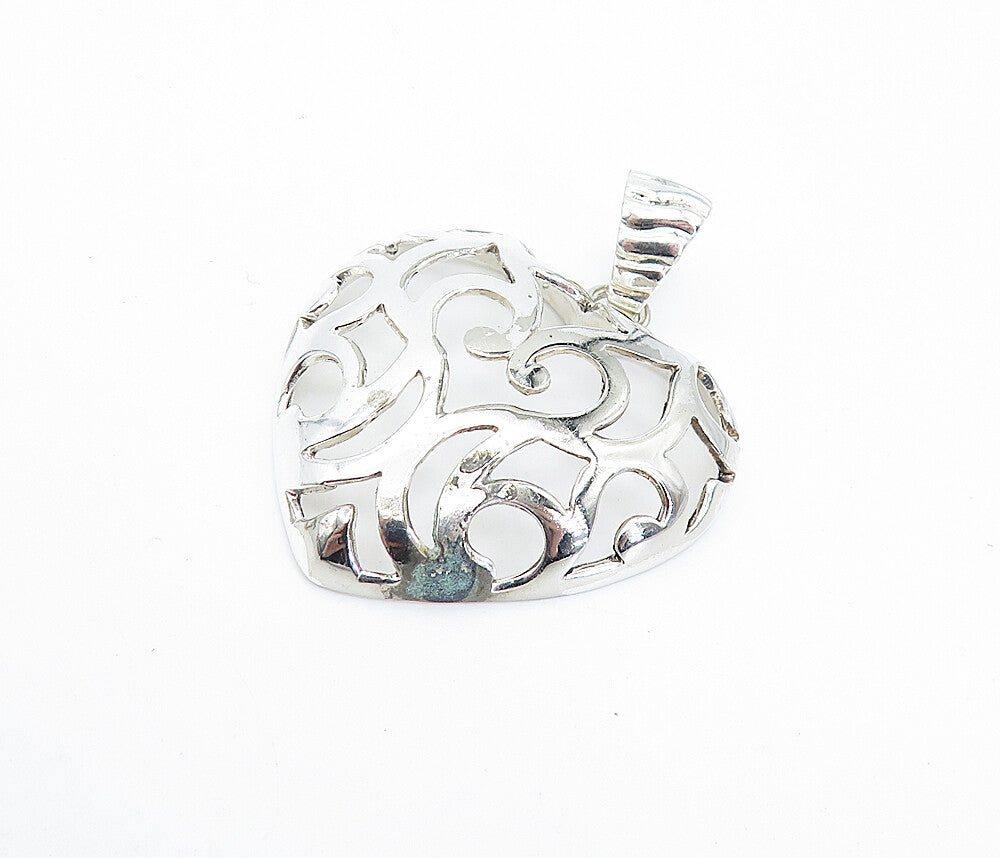 925 Sterling Silver  Vintage Shiny Open Swirl Love Heart Dome Pendant  PT4966