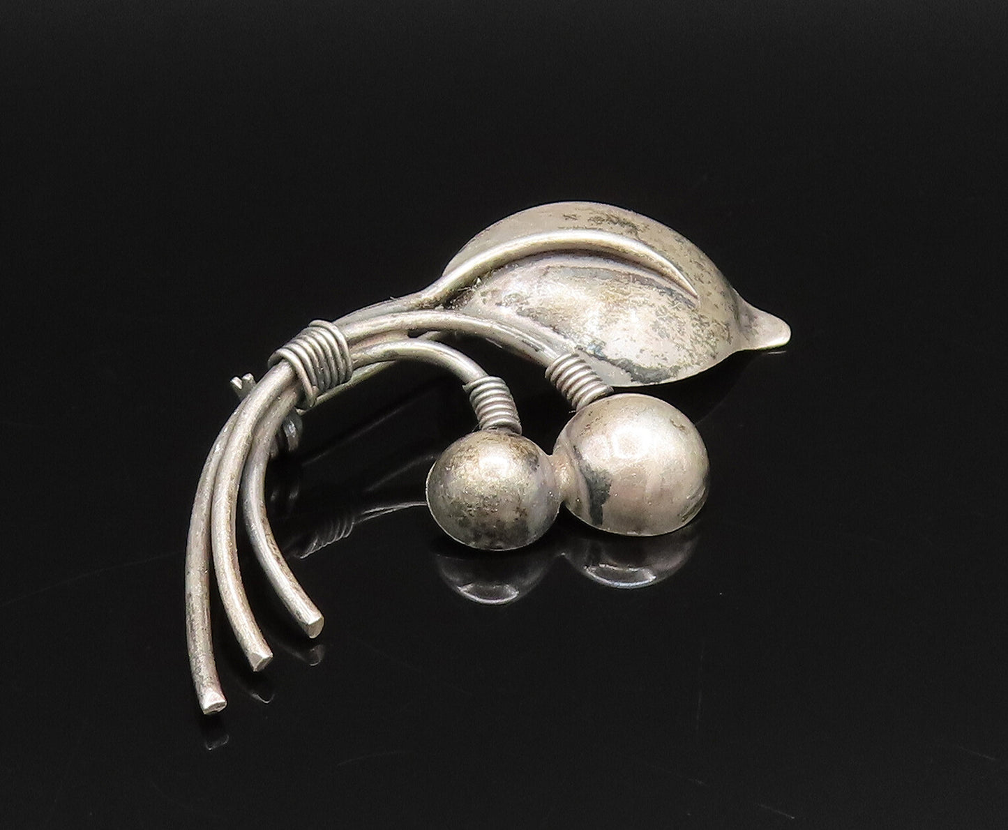DRAGSTED DENMARK 925 Silver  Vintage Bead & Leaf Stem Brooch Pin  BP9806