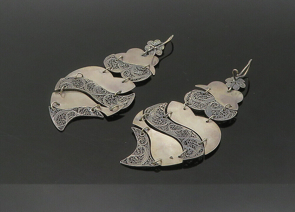 925 Sterling Silver  Vintage Dark Tone Floral Swirl Dangle Earrings  EG10816
