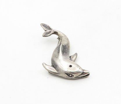 MEXICO 925 Sterling Silver  Vintage Dark Tone Dolphin Motif Brooch Pin  BP3281