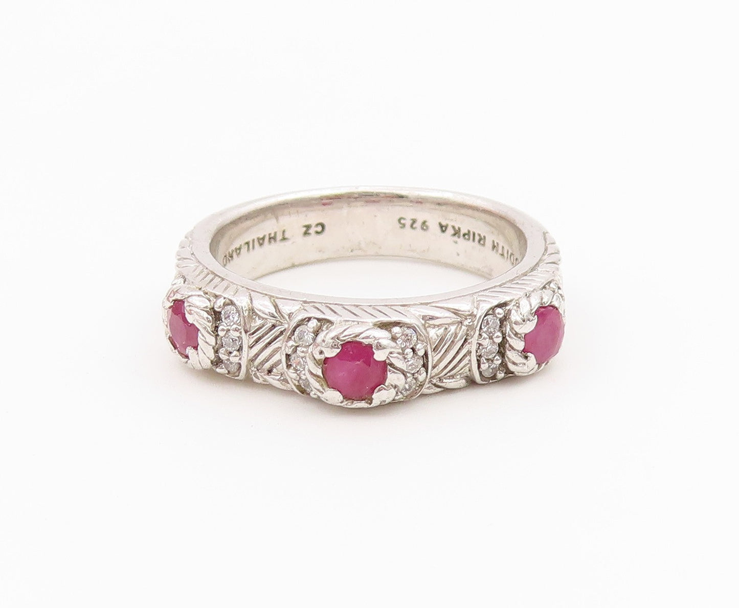 925 Sterling Silver Vintage Ring JUDITH RIPKA Triple Ruby Band  Sz 8  RG36514