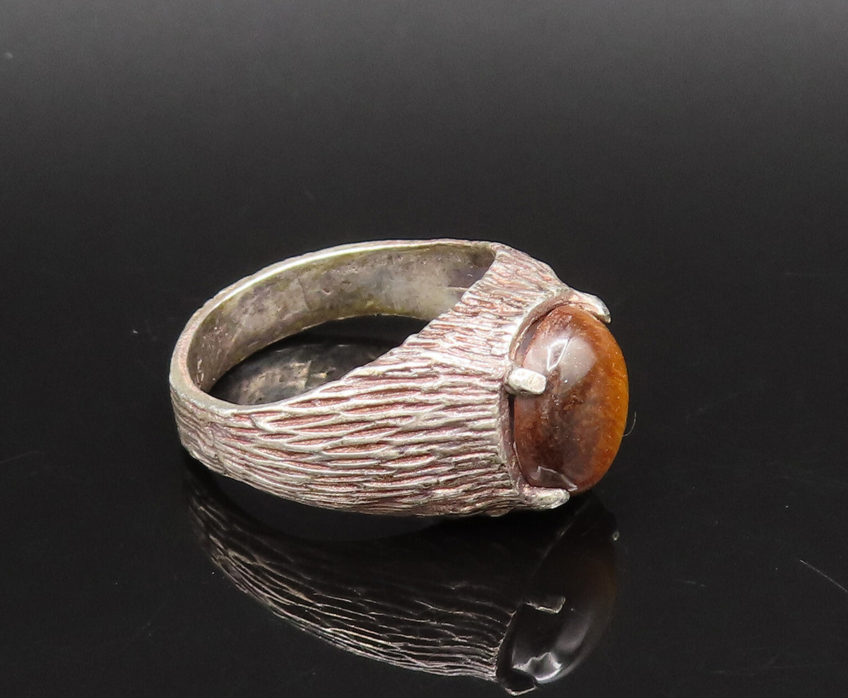 925 Silver  Vintage Cabochon Tiger's Eye Branch Textured Ring Sz 10  RG25957
