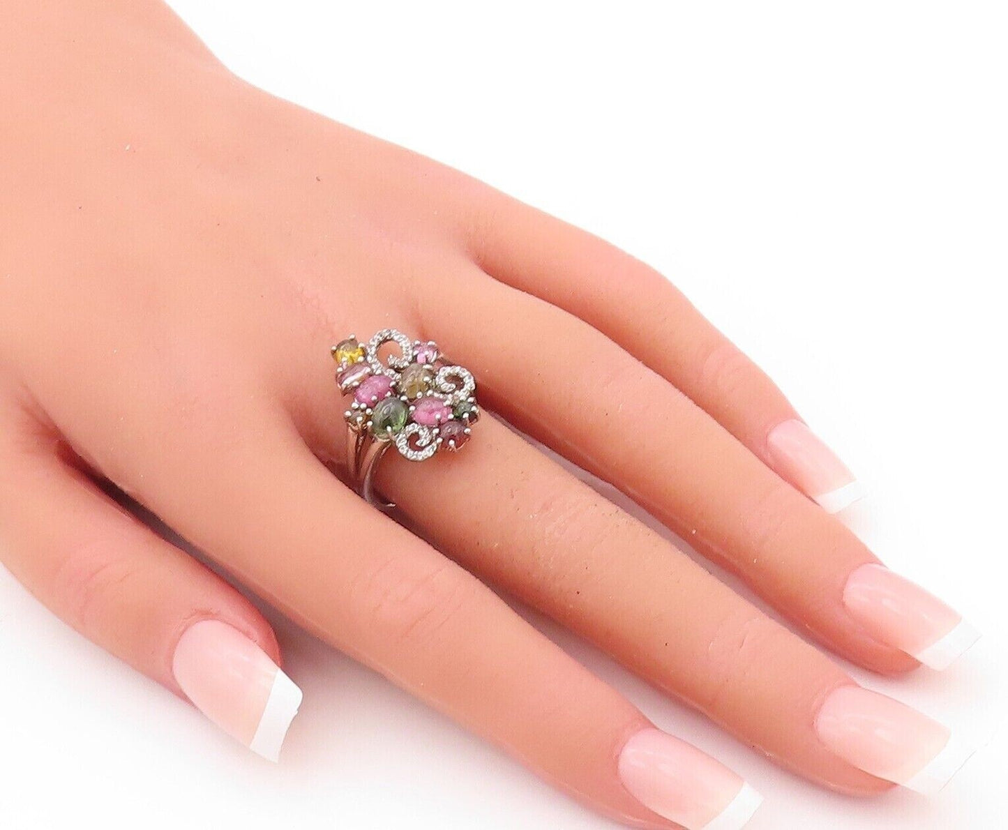 925 Sterling Silver Vintage Ring Cabochon Gemstones Floral Inlay  Sz 9  RG30011