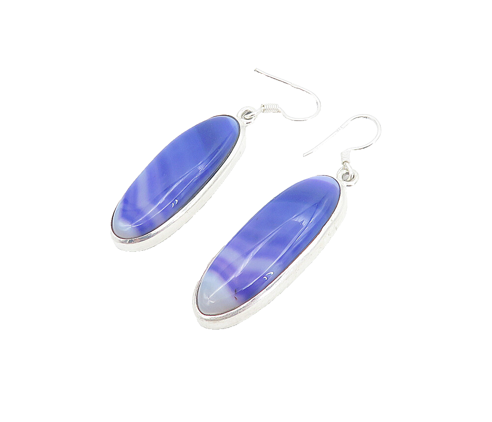 925 Sterling Silver Cabochon Cut Purple Agate Shiny Dangle Earrings EG3020