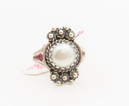 925 Sterling Silver Vintage Pearl Halo Beaded Swirly Carved Ring Sz 6 RG26982