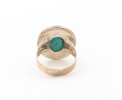 925 Sterling Silver Vintage Ring Oval Green Gemstone Beaded Frame Sz 8.5 RG30757