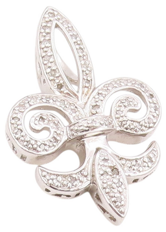 925 Sterling Silver Vintage Pendant Diamonds Inlay Fleur De Lis  PT24444