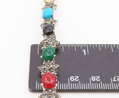 925 Silver  Vintage Turquoise Mother Of Pearl Onyx & Carnelian Bracelet BT3680
