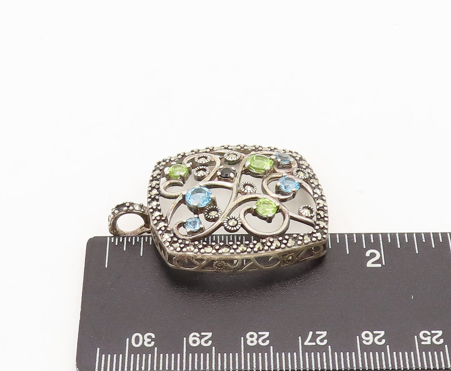 925 Sterling Silver Vintage Pendant Beaded Frame Topaz Peridot Swirls  PT22512