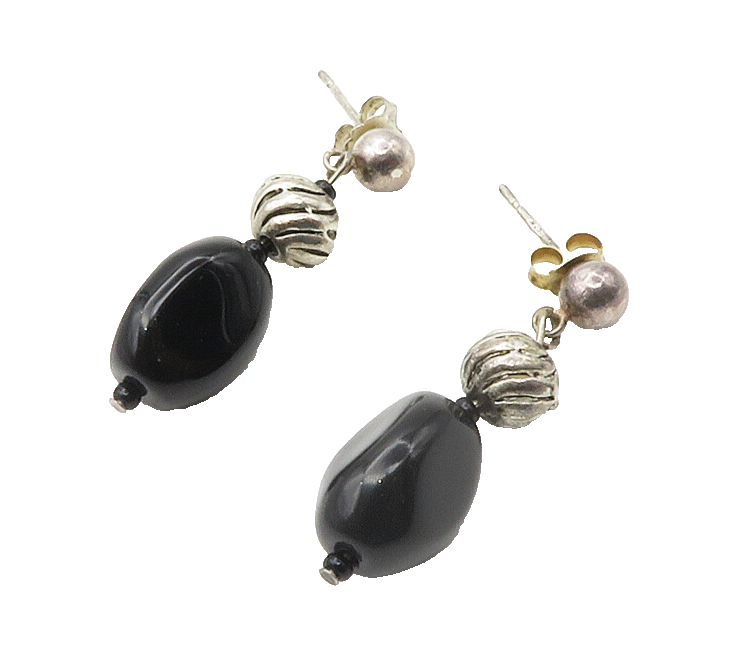 925 Sterling Silver  Vintage Black Onyx Bead Linked Dangle Earrings  EG7399