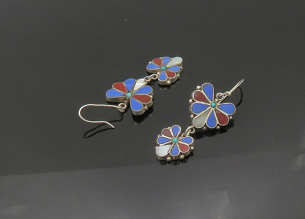 925 Silver Vintage Mother Of Pearl & Multi Stone Dangle Earrings EG10762