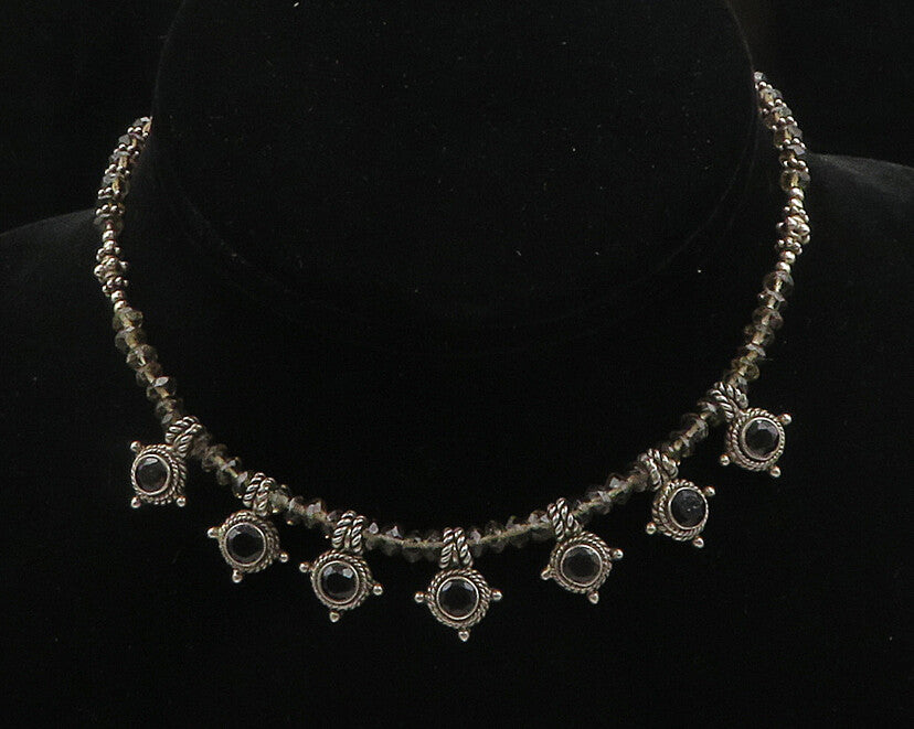 925 Silver  Vintage Black Hematite & Smoky Topaz Bead Chain Necklace  NE3101