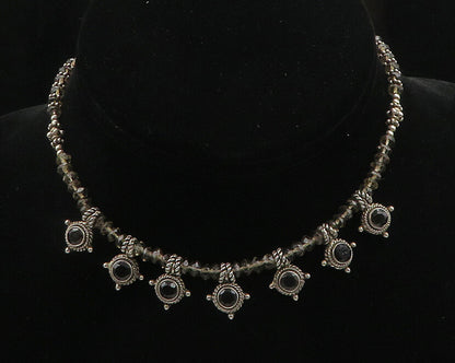 925 Silver  Vintage Black Hematite & Smoky Topaz Bead Chain Necklace  NE3101