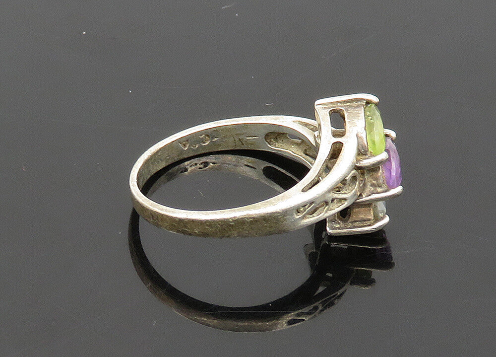 925 Silver  Vintage Amethyst Peridot & Blue Topaz Band Ring Sz 7  RG21205