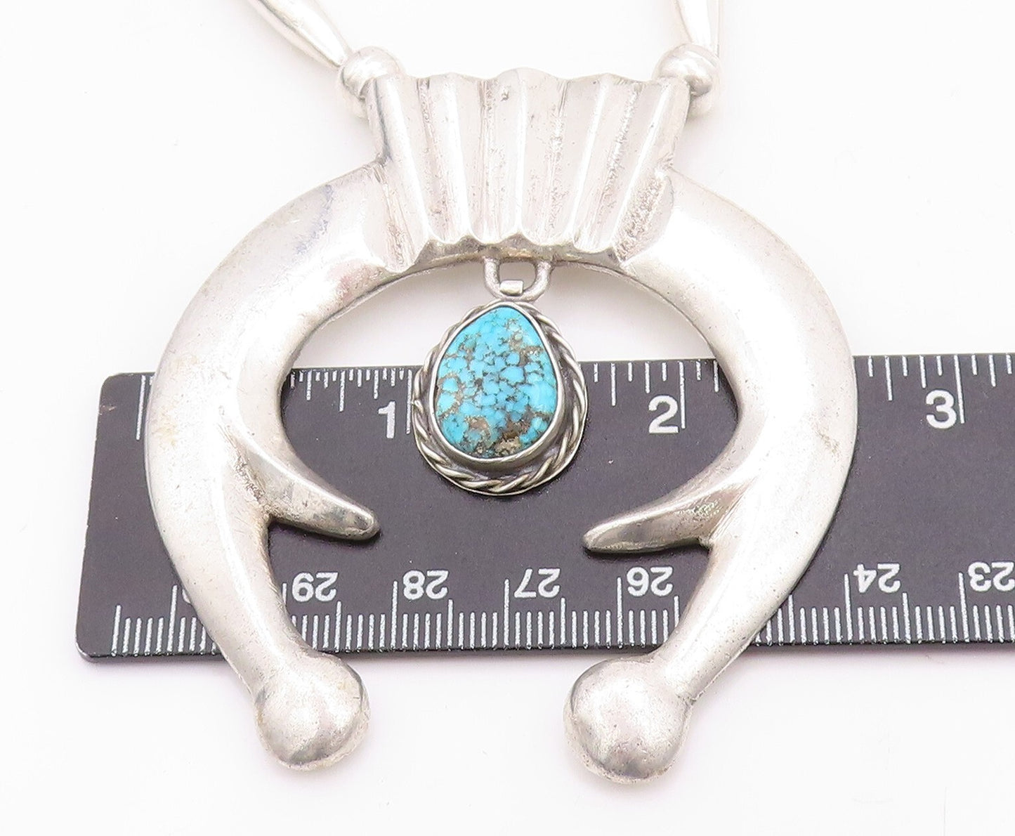 925 Sterling Silver Vintage Necklace NAVAJO ZUNI Large Carved Turquoise  NE4366