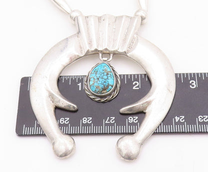 925 Sterling Silver Vintage Necklace NAVAJO ZUNI Large Carved Turquoise  NE4366