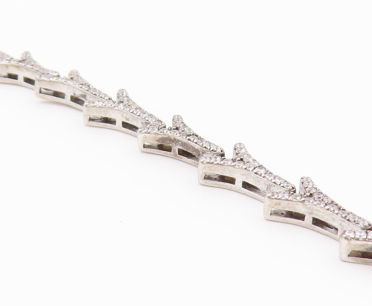 925 Sterling Silver Vintage Necklace CZ Classic Interlocking V Link Chain NE4916