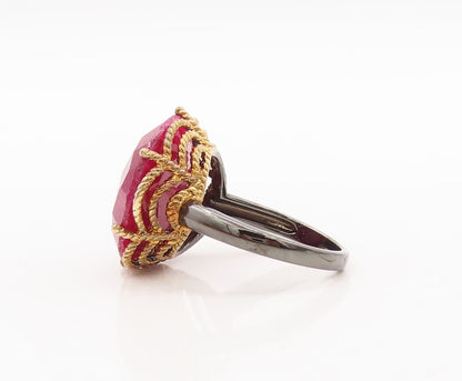925 Sterling Silver Vintage Ring Gold Plated Large Round Gemstone Sz 7.5 RG29510